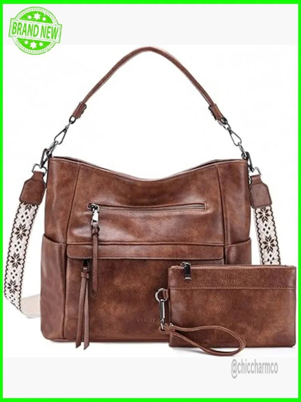 Medium Vegan Leather Hobo Bag with Wallet Set and Guitar Strap